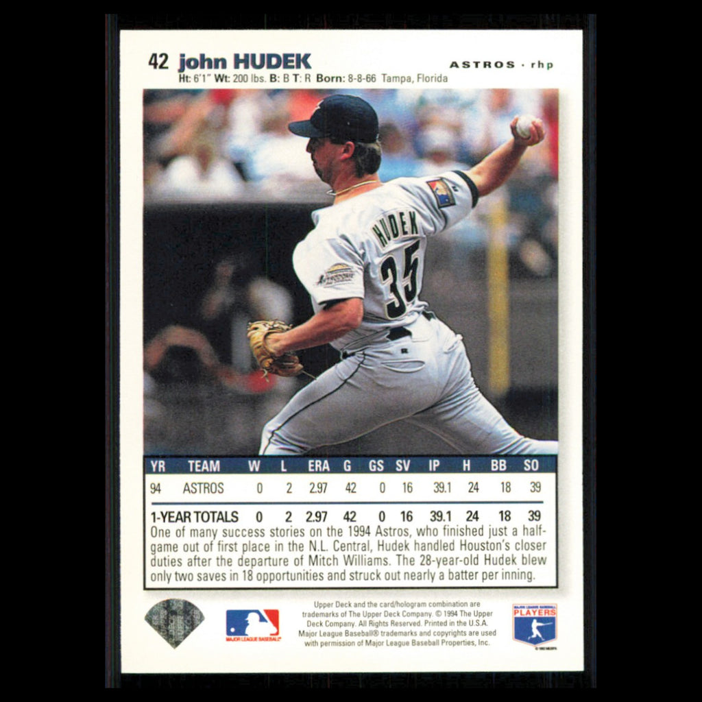 John Hudek #42 1995 Collectors Choice SE Houston Astros Baseball Card MLB NM
