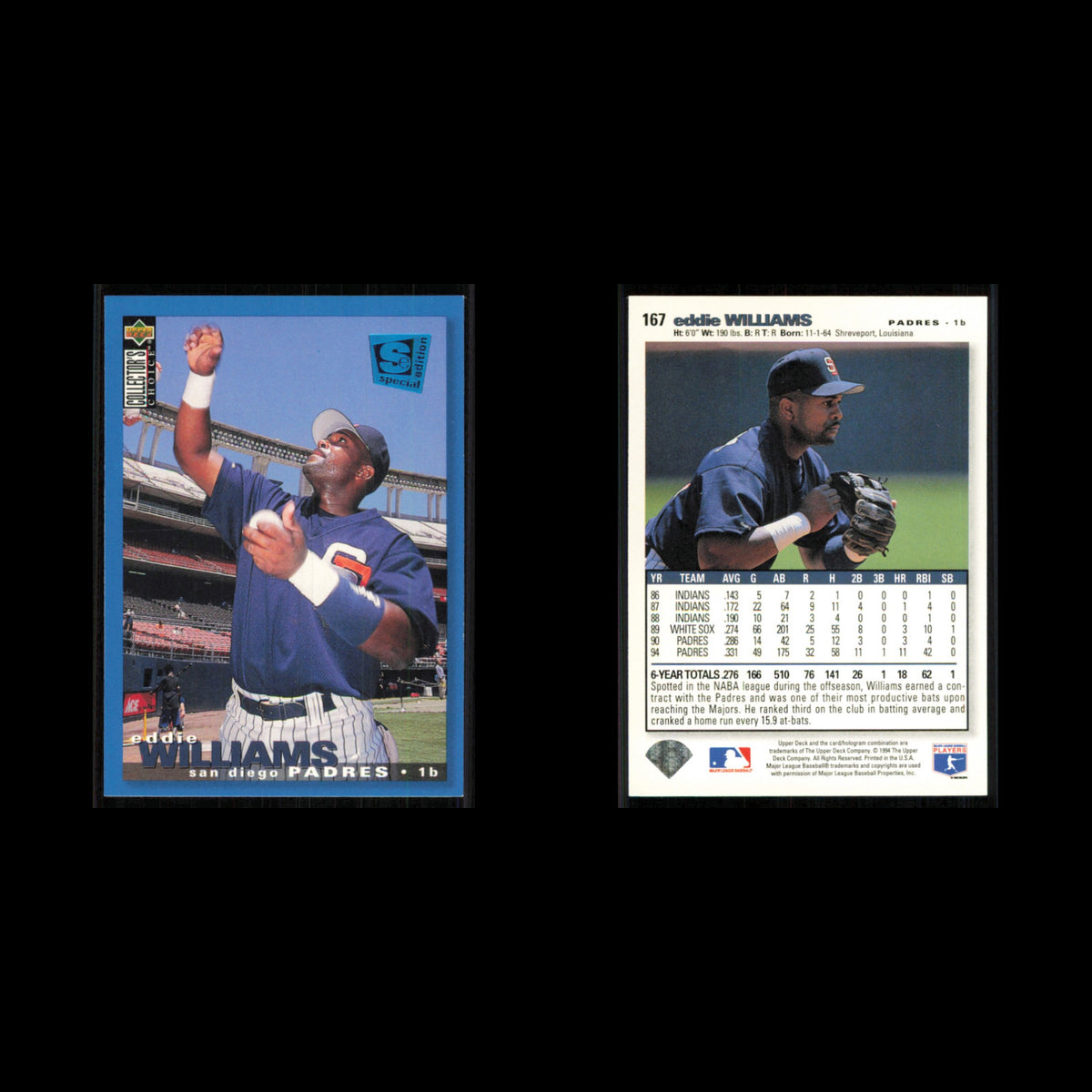 Eddie Williams #167 1995 Collectors Choice SE San Diego Padres Baseball Card MLB