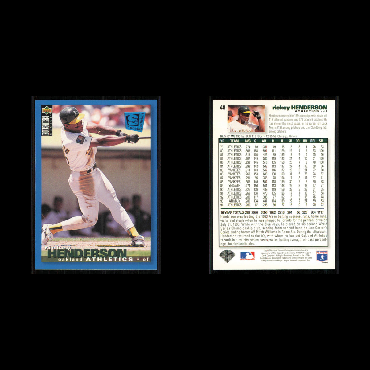 Rickey Henderson #48 1995 Collectors Choice SE Oakland Athletics Baseball Card