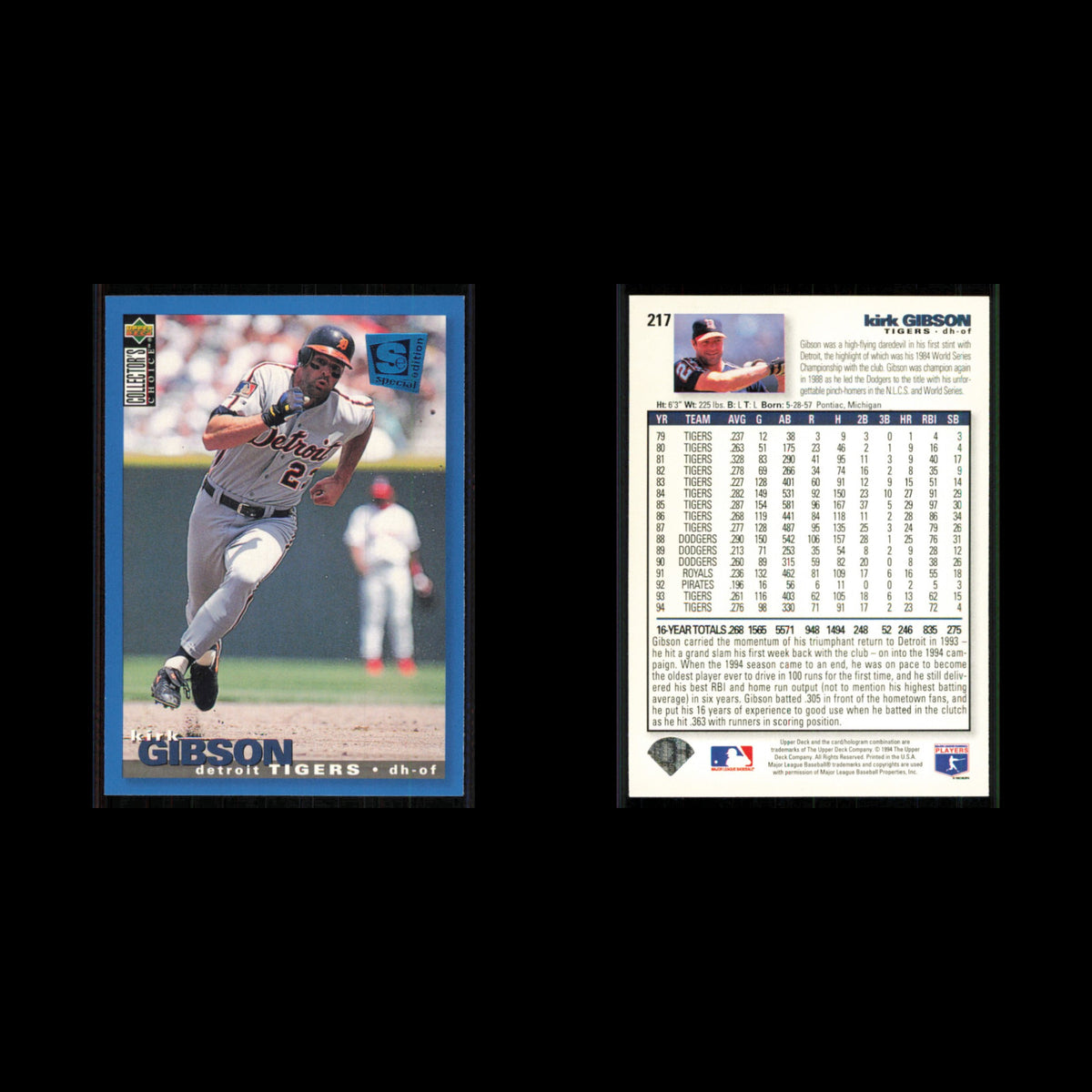 Kirk Gibson #217 1995 Collectors Choice SE Detroit Tigers Baseball Card MLB NM