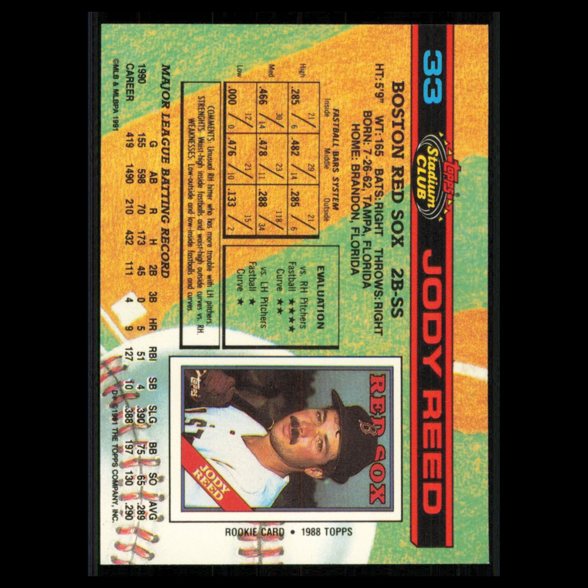 Jody Reed #33 1991 Topps Stadium Club Boston Red Sox Baseball Card MLB NM