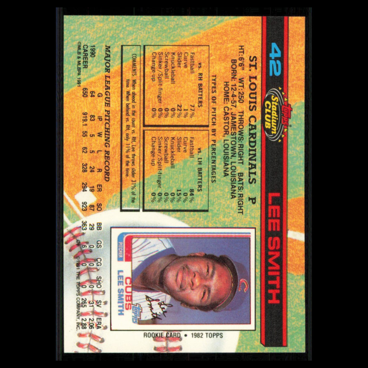 Lee Smith #42 1991 Topps Stadium Club St. Louis Cardinals Baseball Card MLB NM