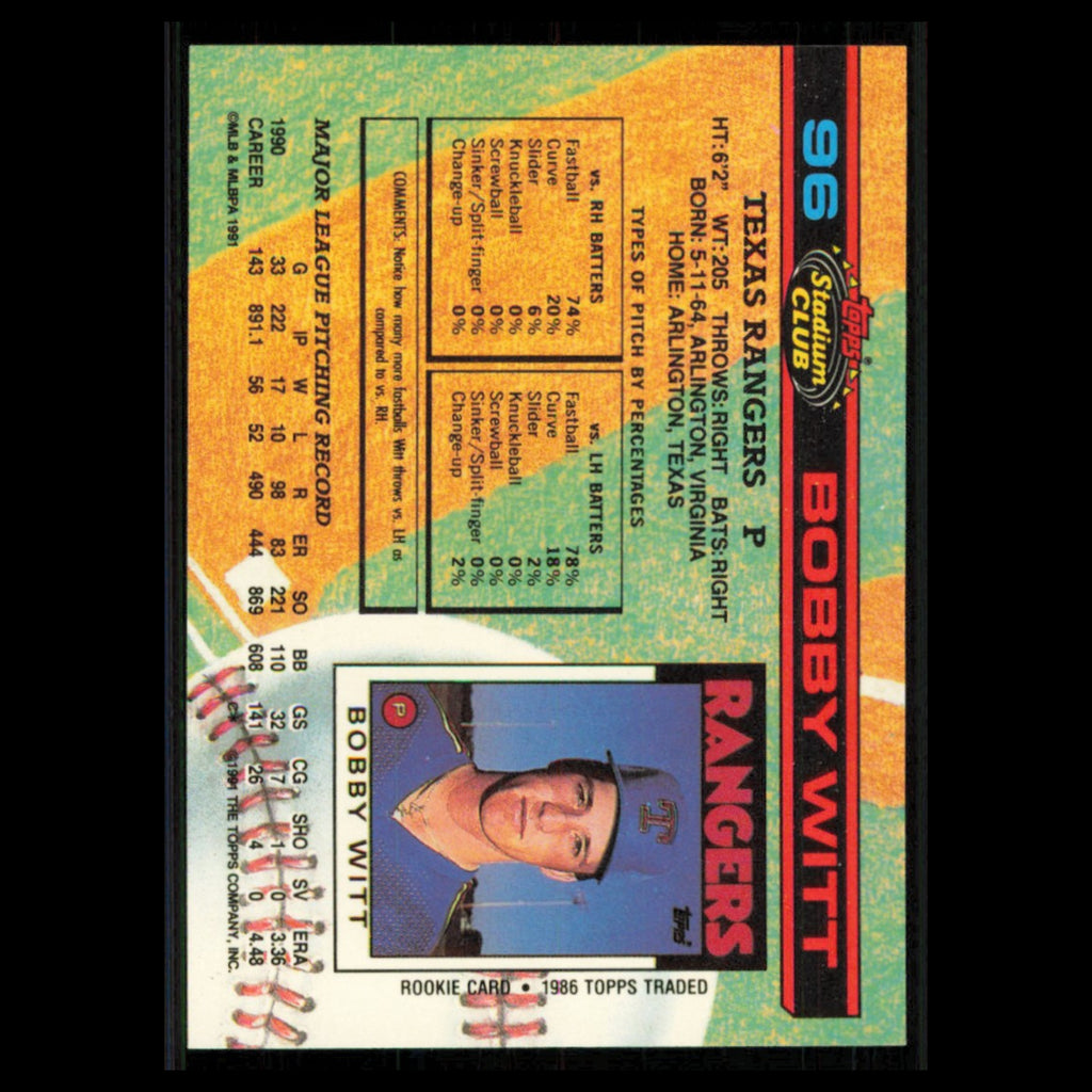Bobby Witt #96 1991 Topps Stadium Club Texas Rangers Baseball Card MLB NM