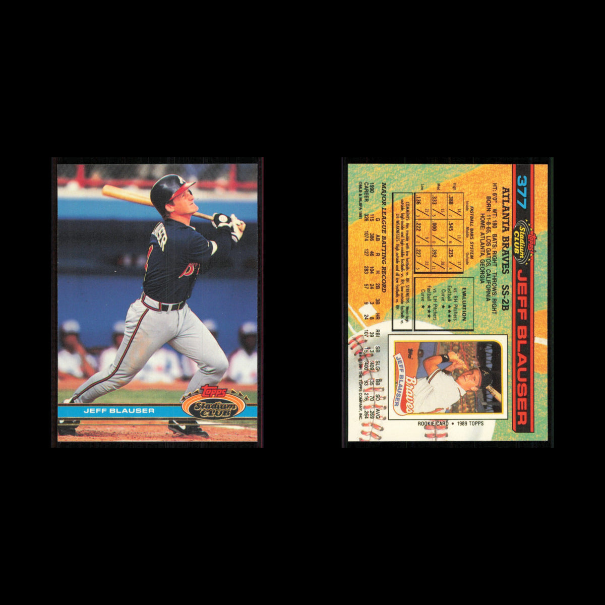 Jeff Blauser #377 1991 Topps Stadium Club Atlanta Braves Baseball Card MLB NM