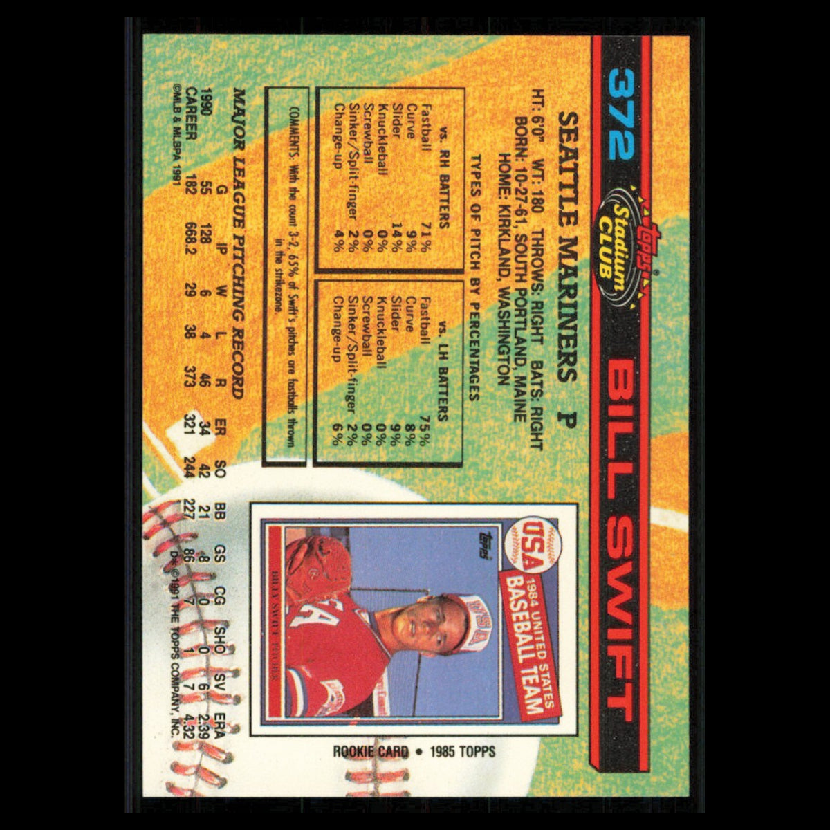Bill Swift #372 1991 Topps Stadium Club Seattle Mariners Baseball Card MLB NM