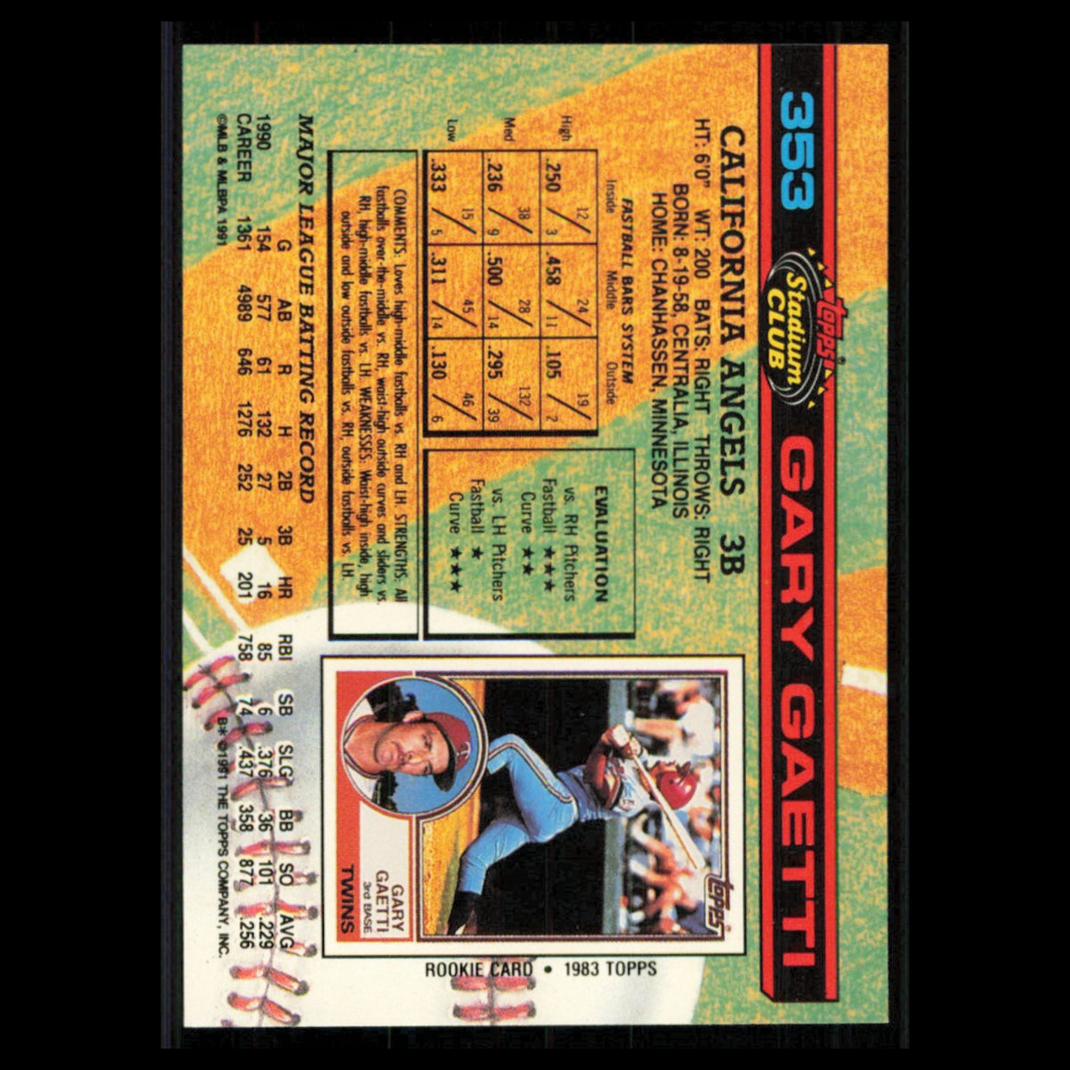 Gary Gaetti #353 1991 Topps Stadium Club California Angels Baseball Card MLB NM