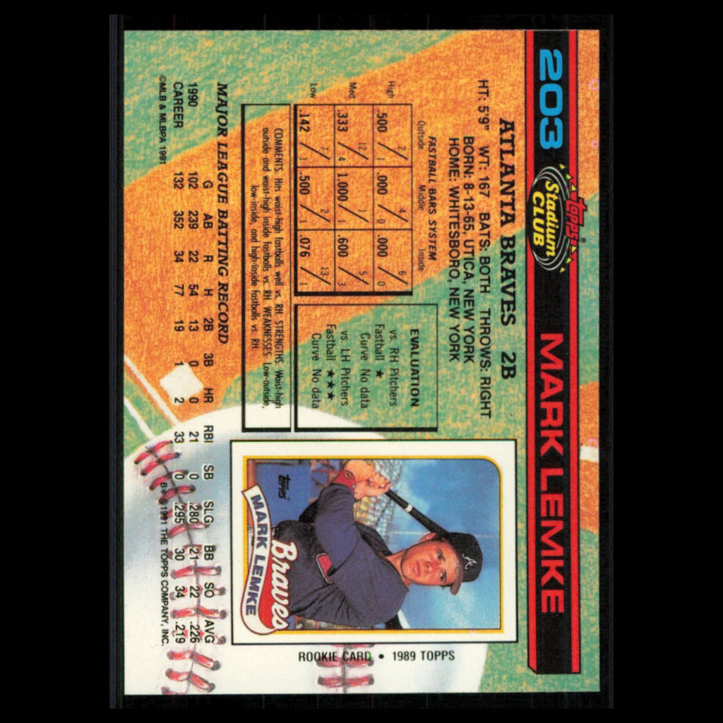 Mark Lemke #203 1991 Topps Stadium Club Atlanta Braves Baseball Card MLB NM