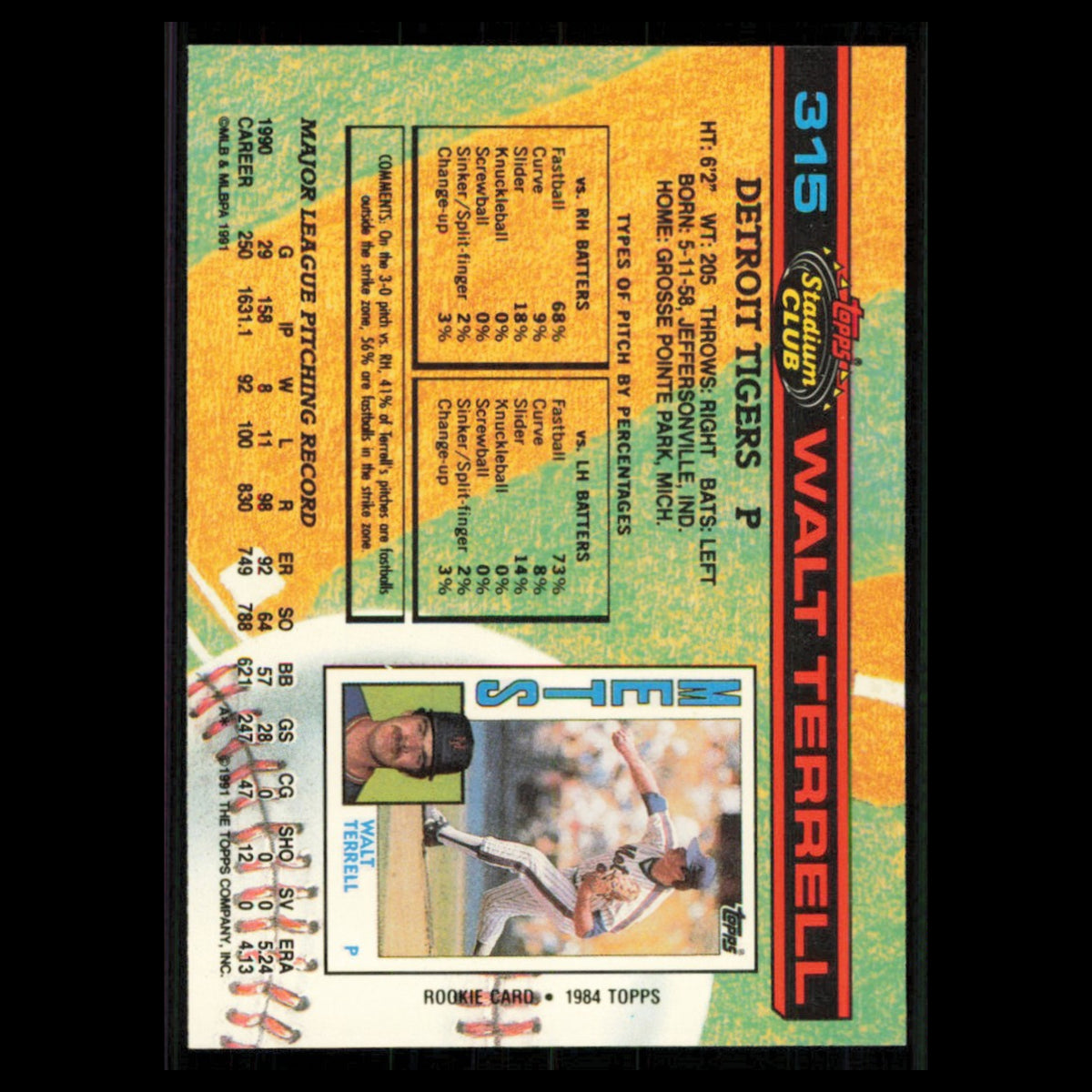 Walt Terrell #315 1991 Topps Stadium Club Detroit Tigers Baseball Card MLB NM
