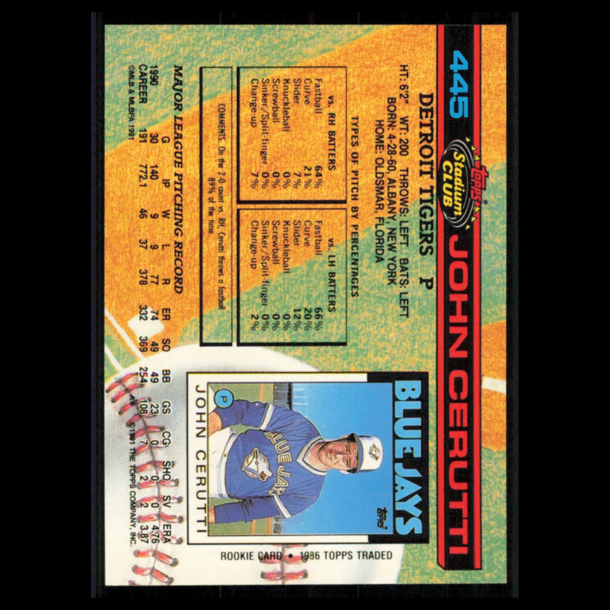 John Cerutti #445 1991 Topps Stadium Club Detroit Tigers Baseball Card MLB NM