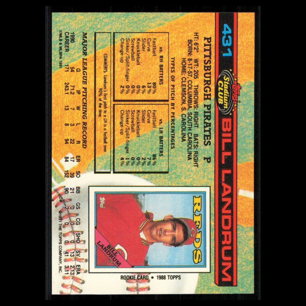 Bill Landrum #431 1991 Topps Stadium Club Pittsburgh Pirates Baseball Card MLB