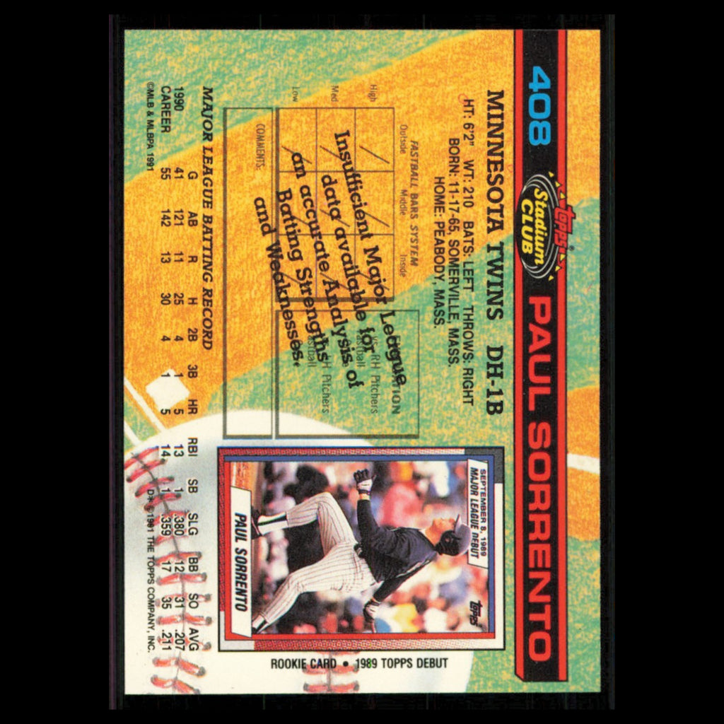 Paul Sorrento #408 1991 Topps Stadium Club Minnesota Twins Baseball Card MLB NM