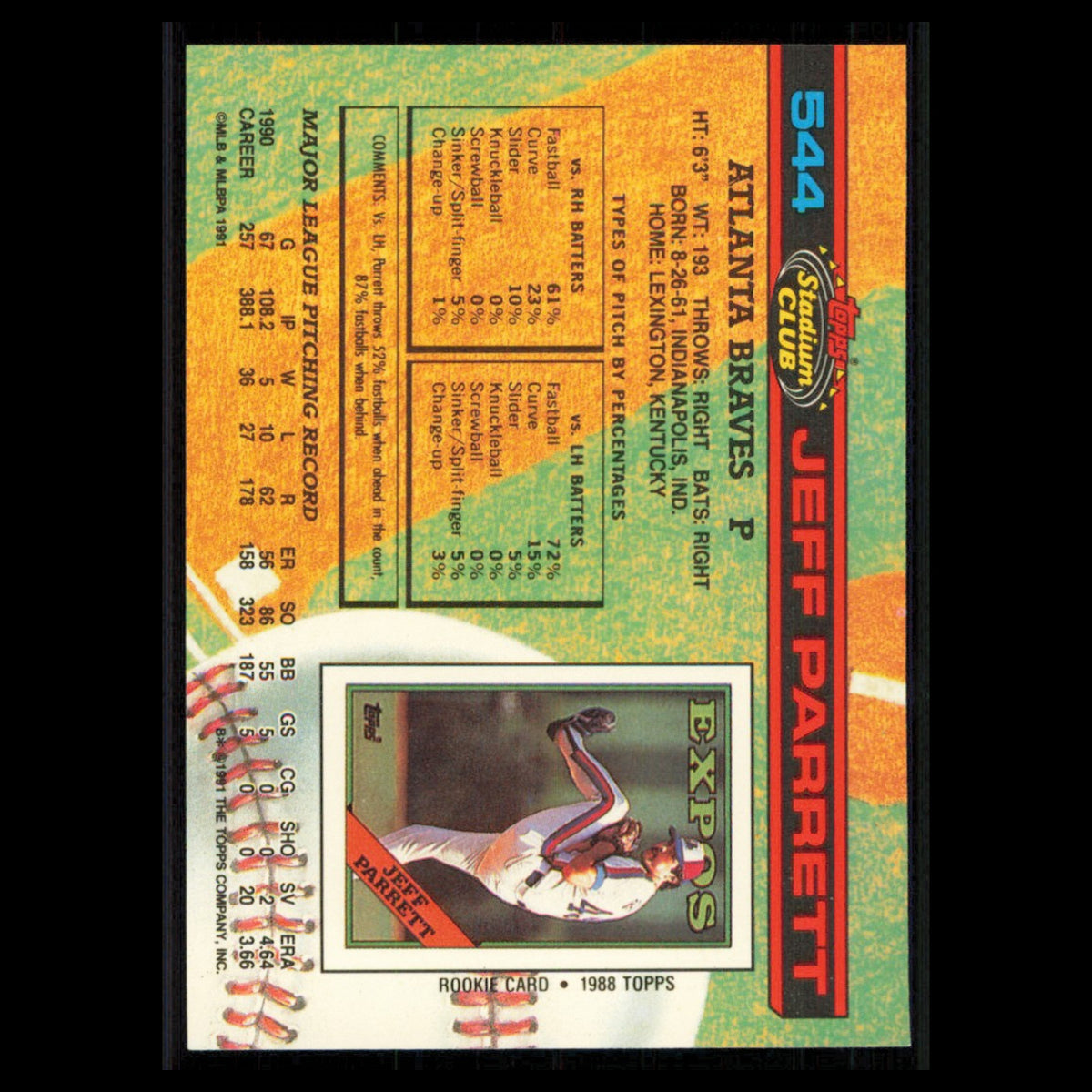 Jeff Parrett #544 1991 Topps Stadium Club Atlanta Braves Baseball Card MLB NM