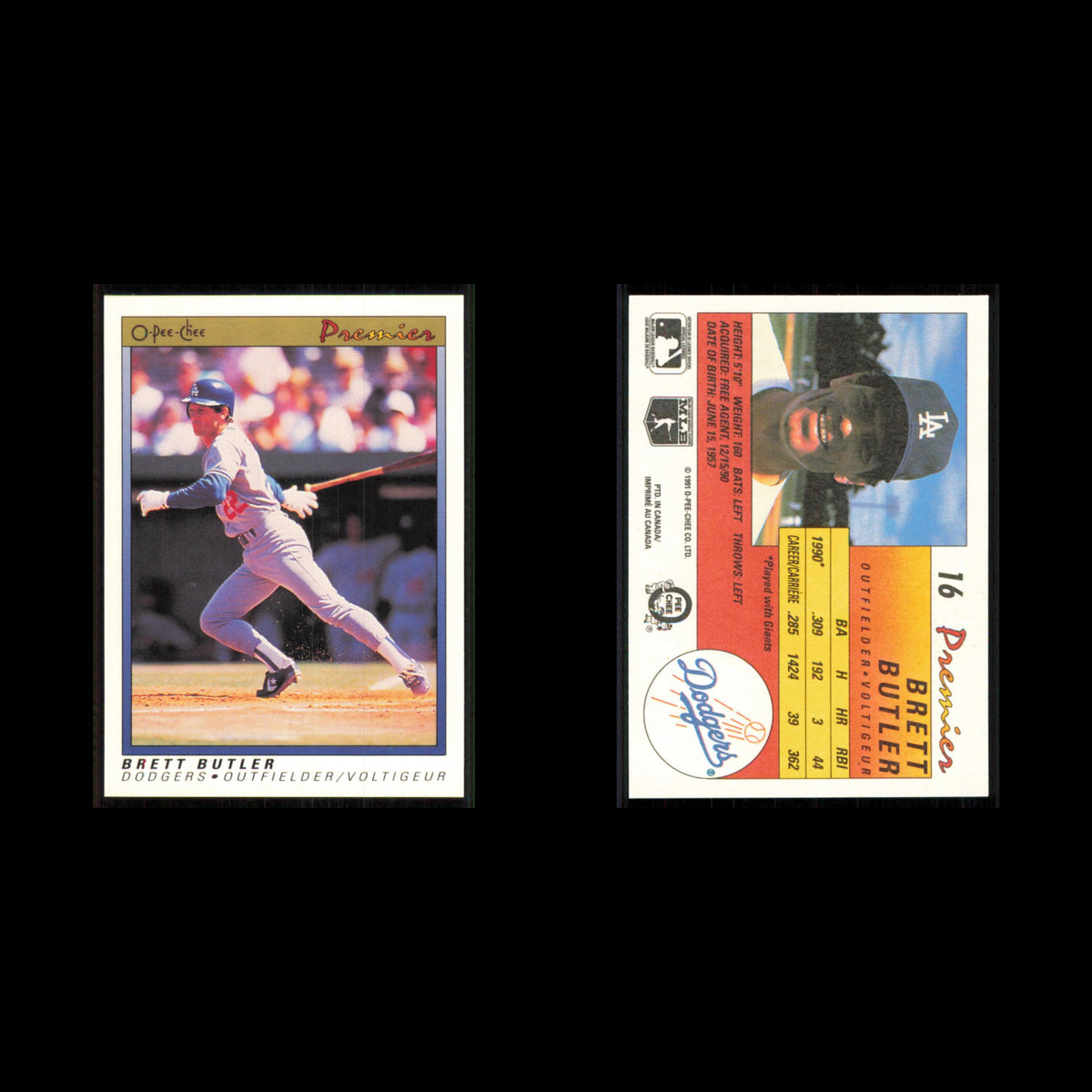 Brett Butler #16 1991 O-Pee-Chee Premier Los Angeles Dodgers Baseball Card MLB