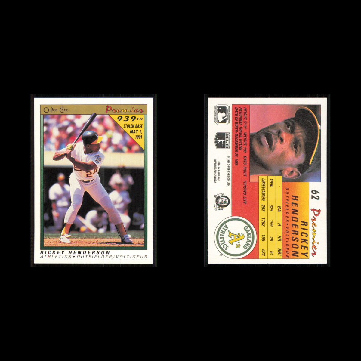 Rickey Henderson #62 1991 O-Pee-Chee Premier Oakland Athletics Baseball Card MLB