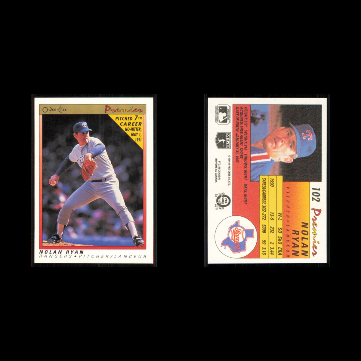 Nolan Ryan #102 1991 O-Pee-Chee Premier Texas Rangers Baseball Card MLB NM