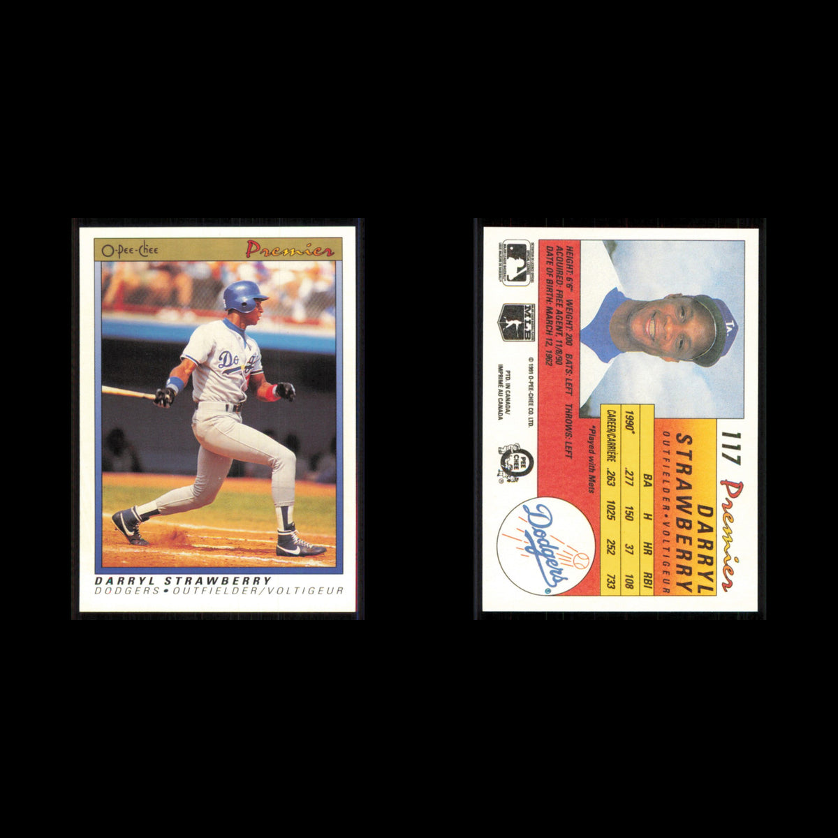 Darryl Strawberry #117 1991 O-Pee-Chee Premier Los Angeles Dodgers Baseball Card