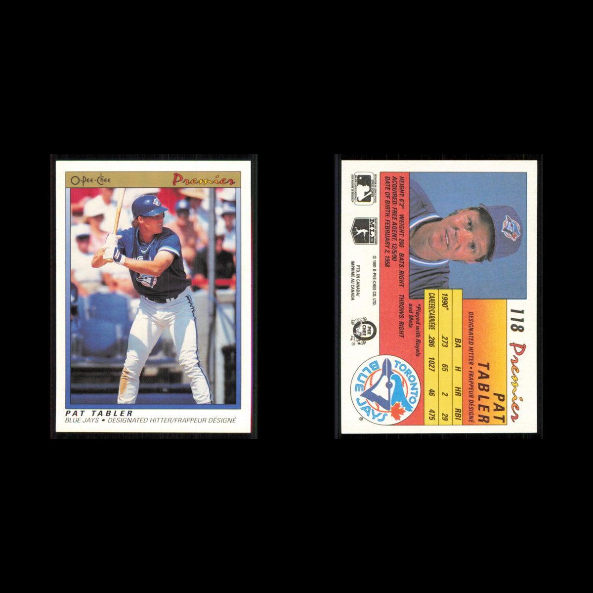 Pat Tabler #118 1991 O-Pee-Chee Premier Toronto Blue Jays Baseball Card MLB NM