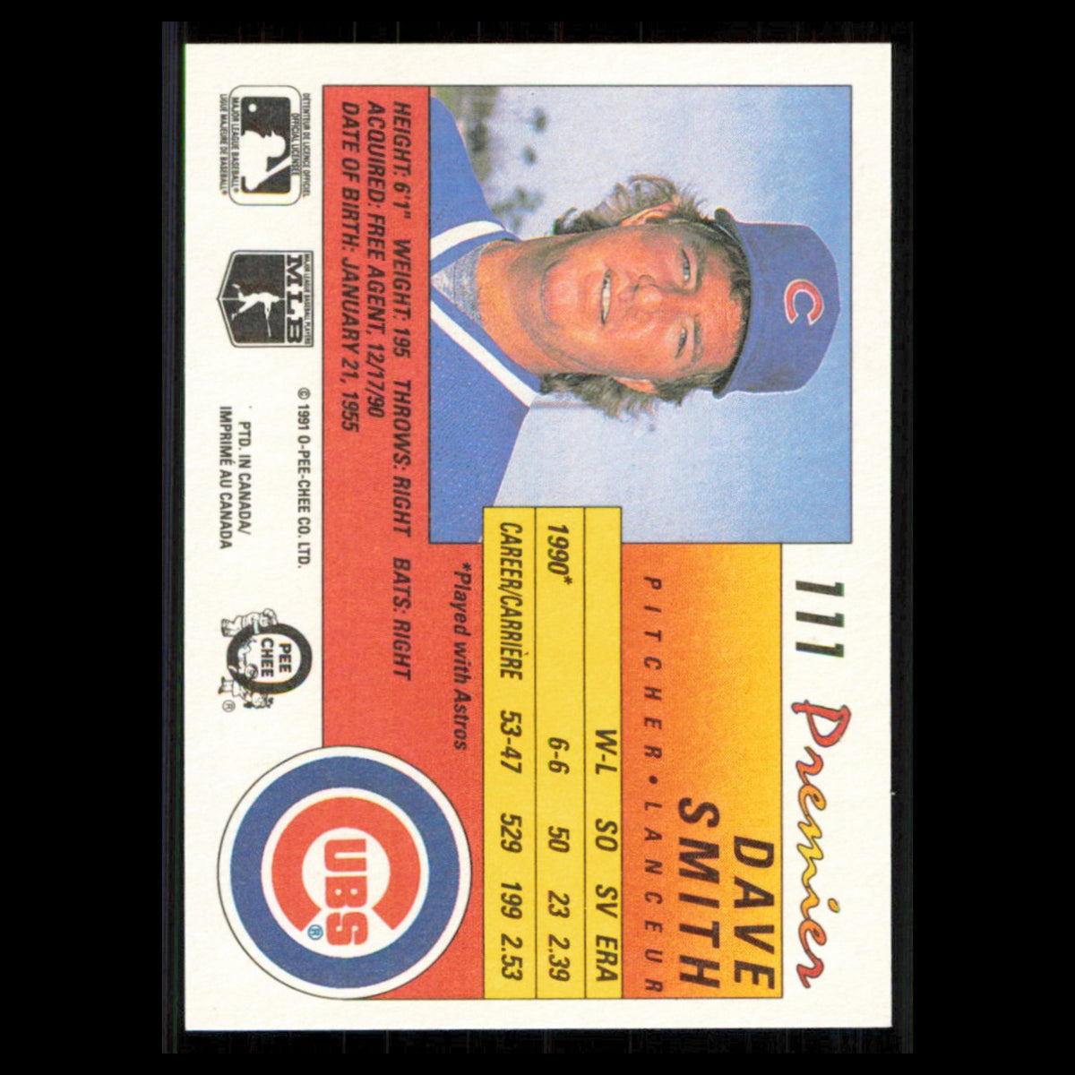 Dave Smith #111 1991 O-Pee-Chee Premier Chicago Cubs Baseball Card MLB NM