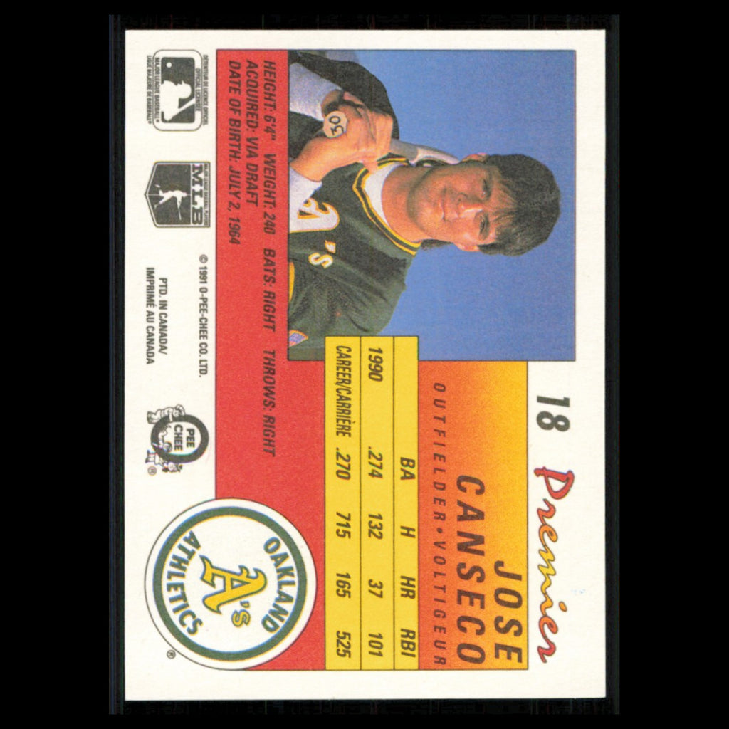 Jose Canseco #18 1991 O-Pee-Chee Premier Oakland Athletics Baseball Card MLB NM