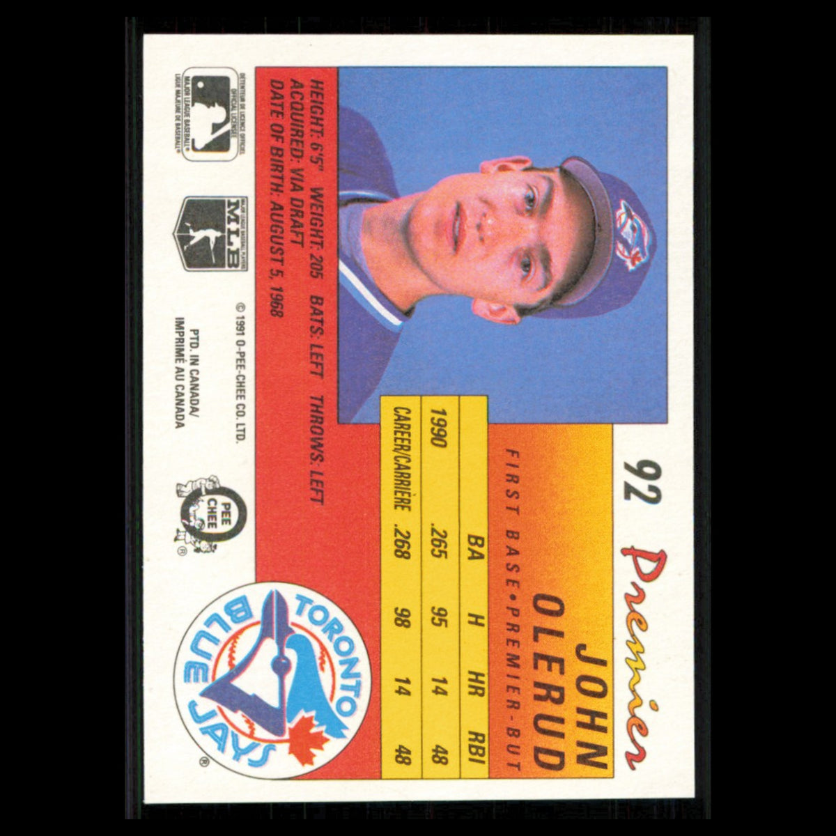 John Olerud #92 1991 O-Pee-Chee Premier Toronto Blue Jays Baseball Card MLB NM