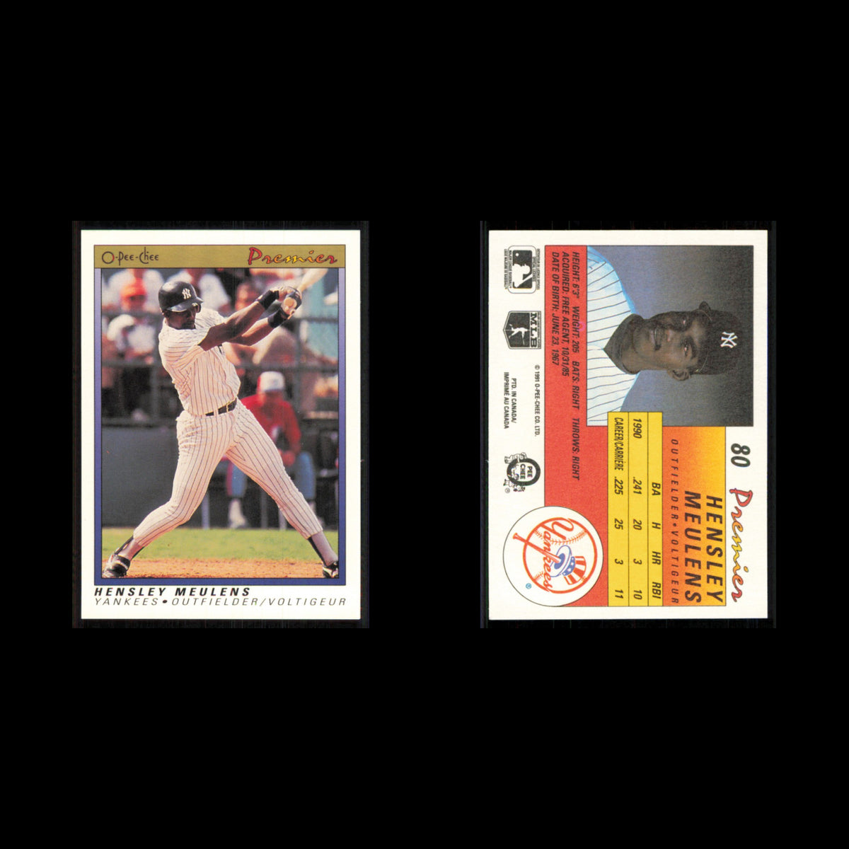 Hensley Meulens #80 1991 O-Pee-Chee Premier New York Yankees Baseball Card MLB