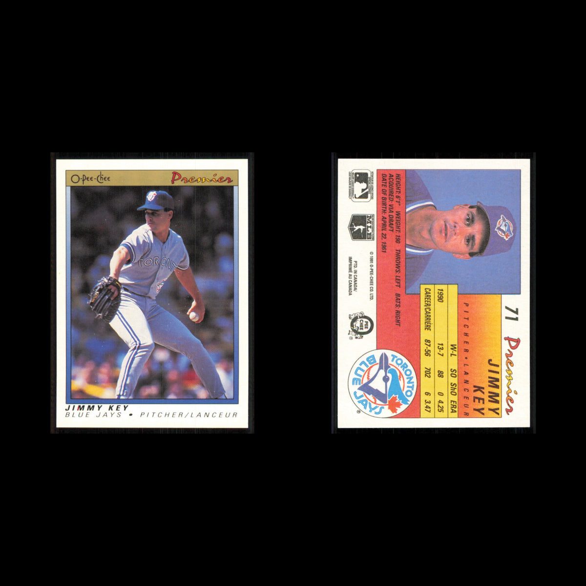 Jimmy Key #71 1991 O-Pee-Chee Premier Toronto Blue Jays Baseball Card MLB NM