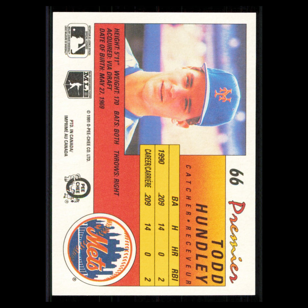 Todd Hundley #66 1991 O-Pee-Chee Premier New York Mets Baseball Card MLB NM