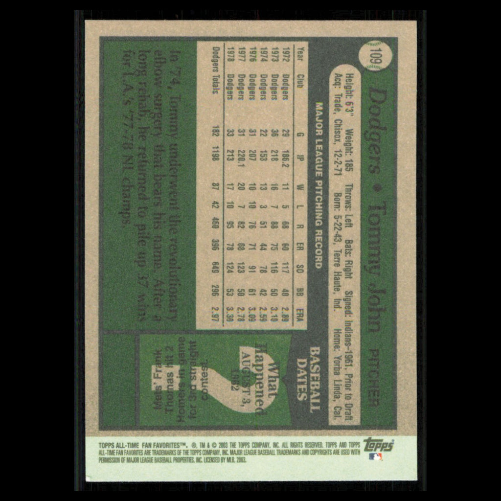 Tommy John #109 2003 Topps All-Time Fan Favorites Los Angeles Dodgers Baseball