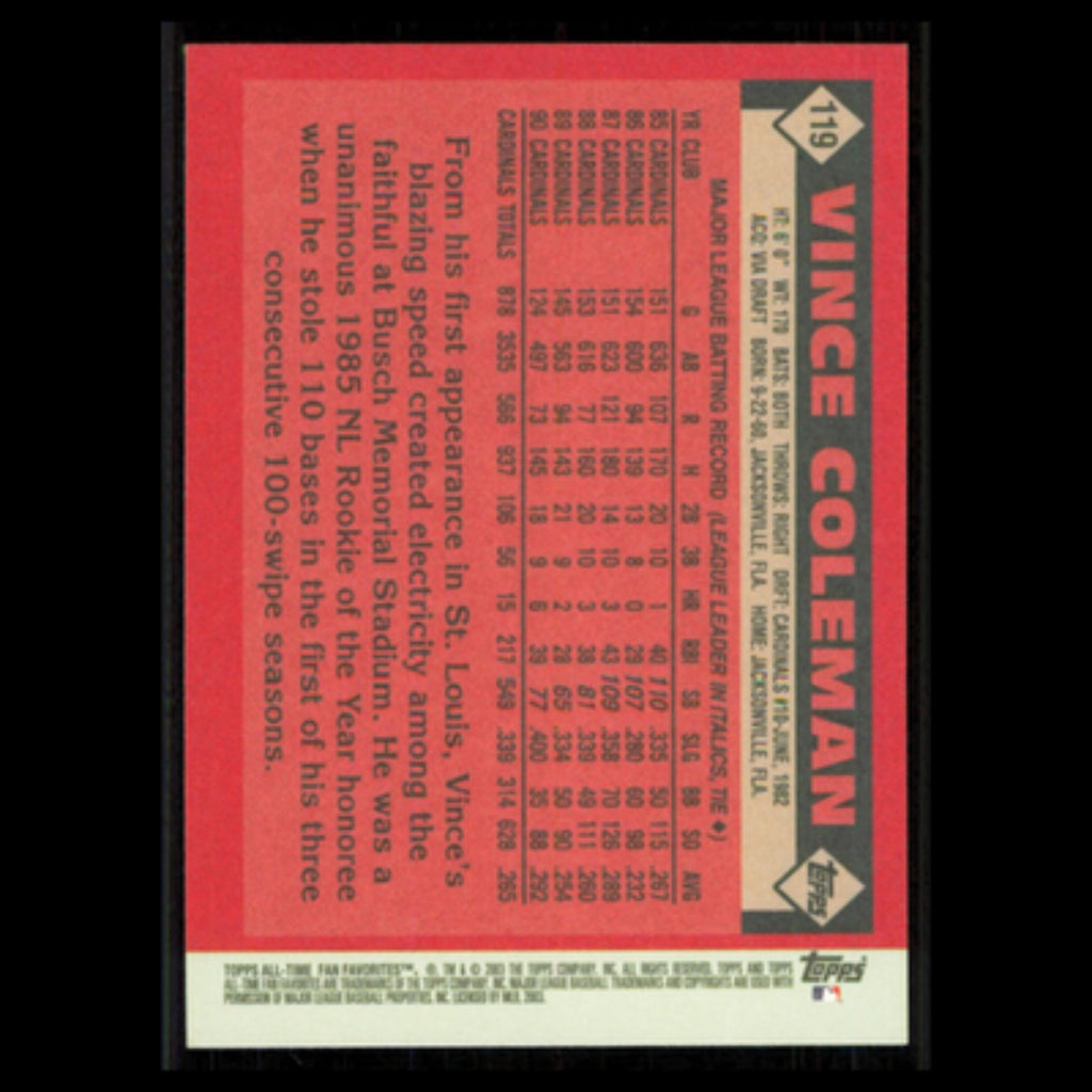 Vince Coleman #119 2003 Topps All-Time Fan Favorites St. Louis Cardinals Card NM