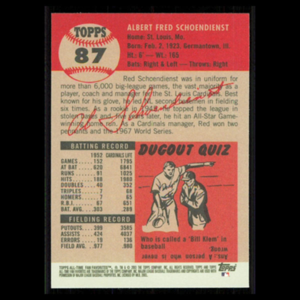 Red Schoendienst #87 2003 Topps All-Time Fan Favorites St. Louis Cardinals Card