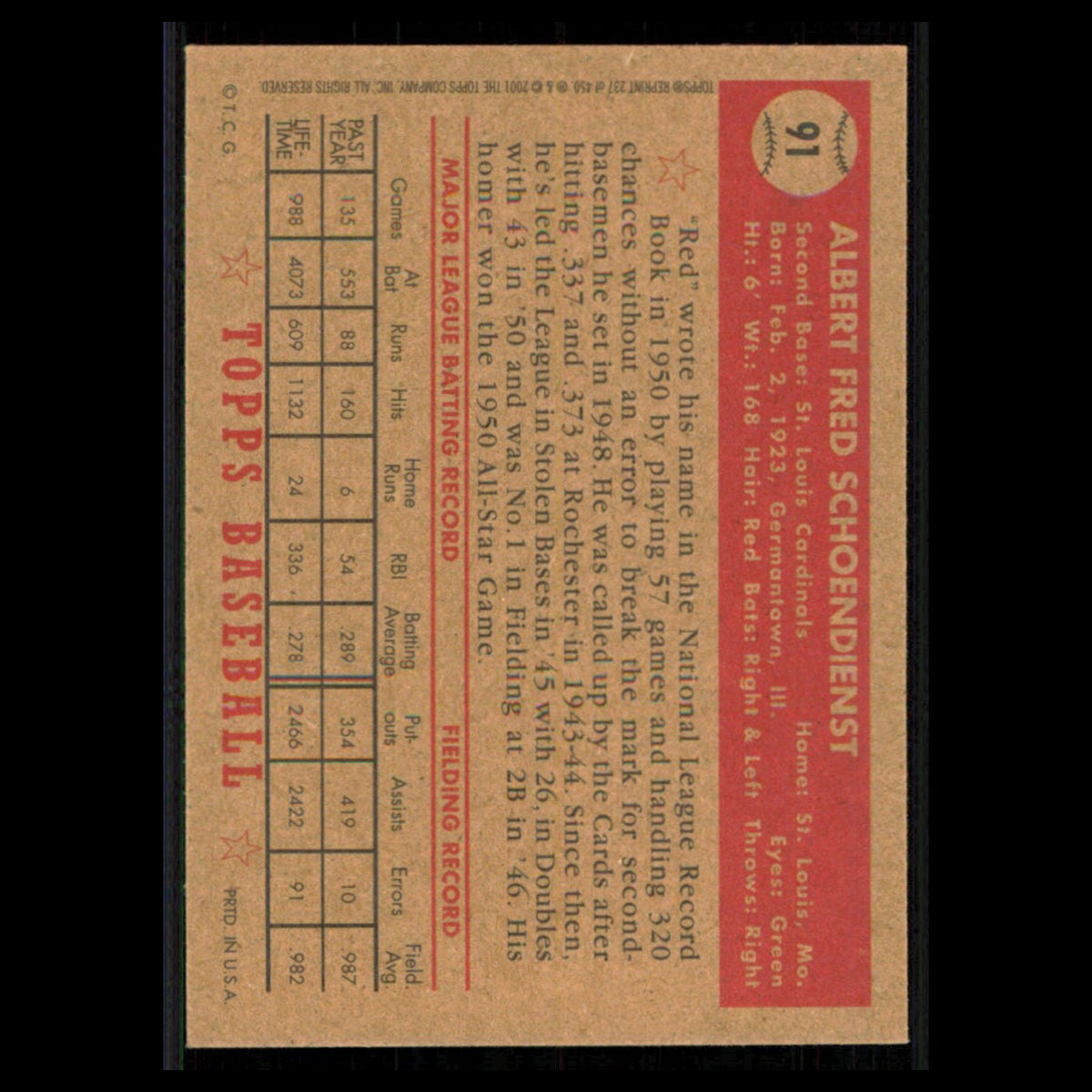 Al Schoendienst #91 2001 Topps Archives St. Louis Cardinals Baseball Card MLB NM