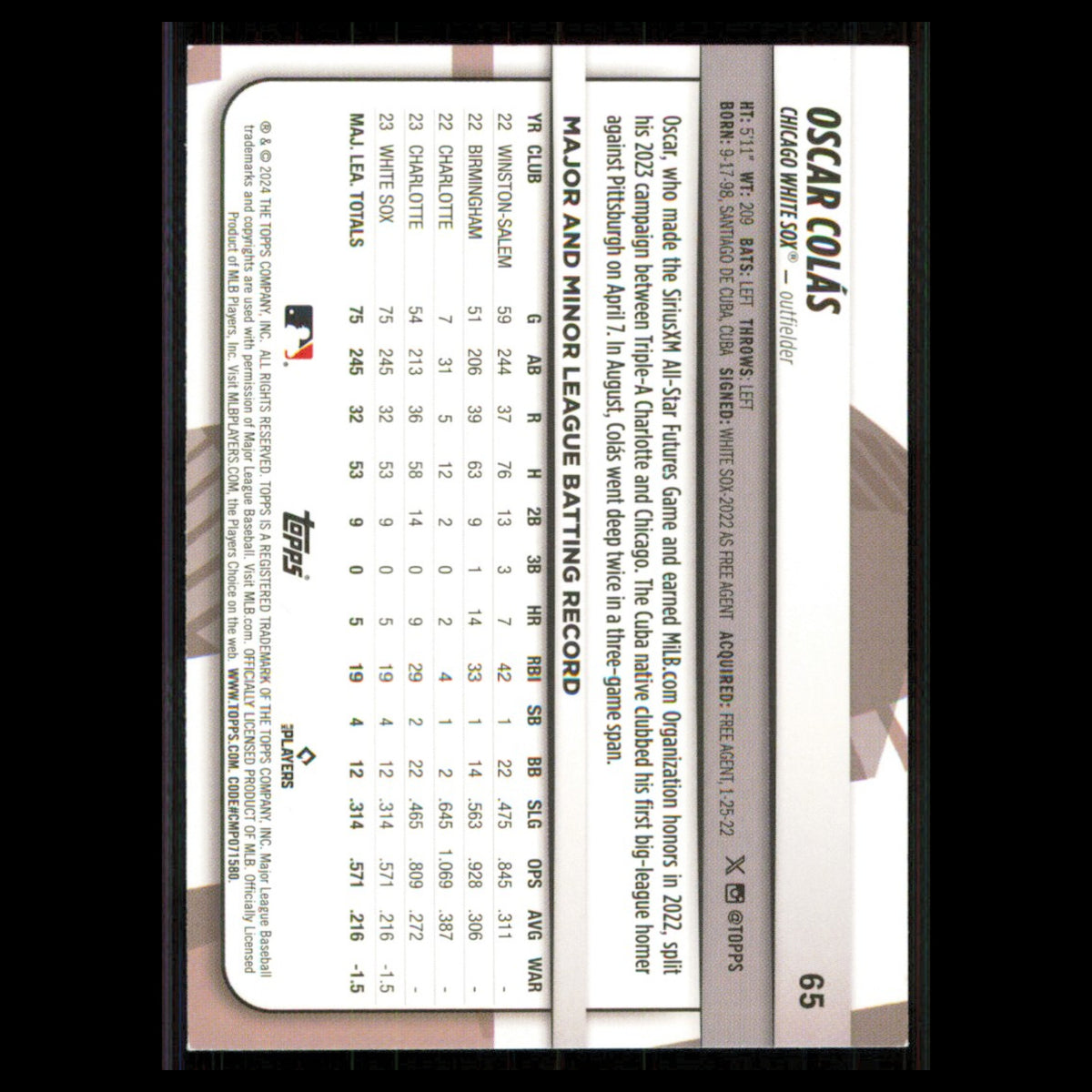 Oscar Colas #65 2024 Topps Big League Chicago White Sox Baseball Card MLB NM