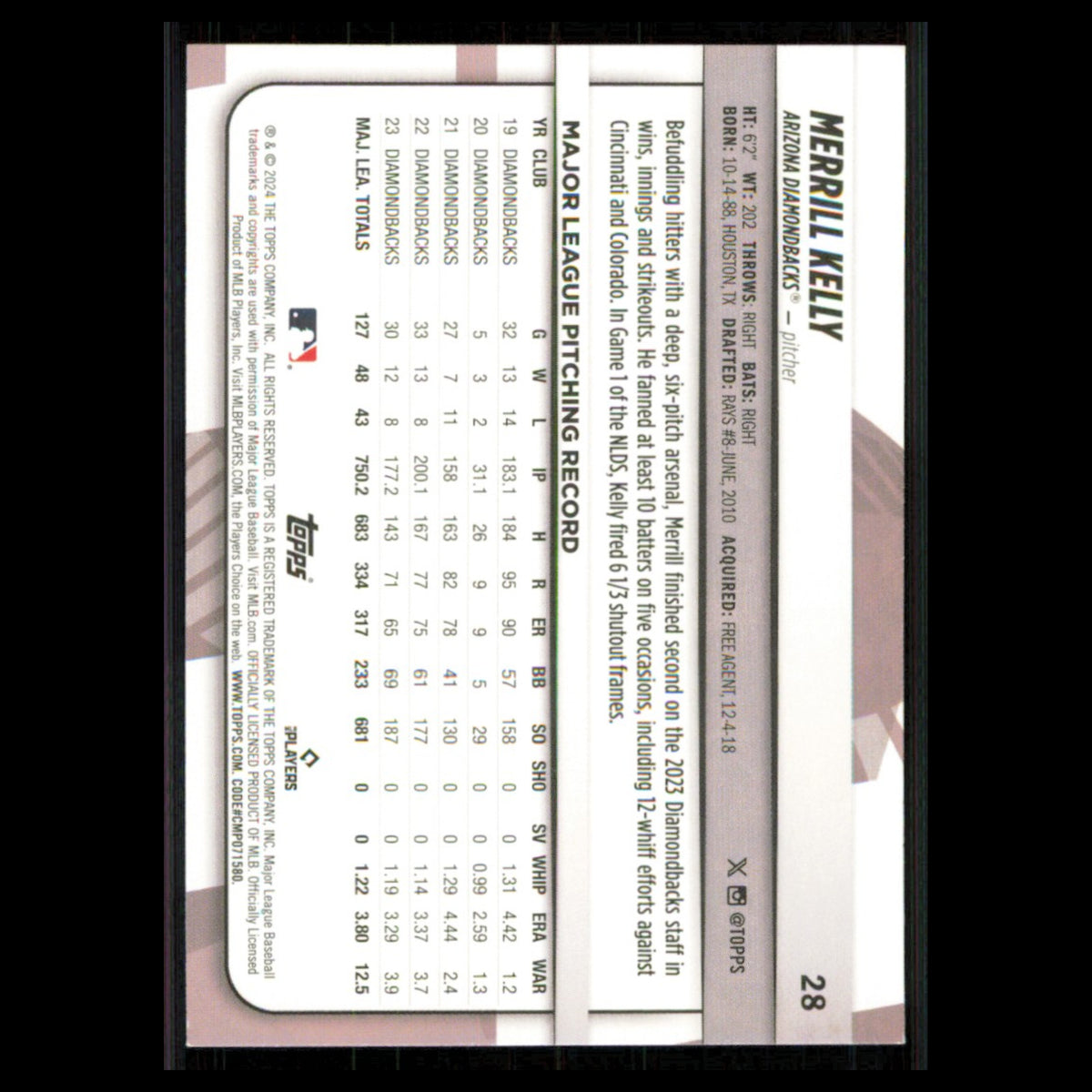 Merrill Kelly #28 2024 Topps Big League Arizona Diamondbacks Baseball Card MLB