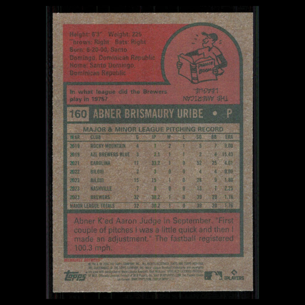 Abner Uribe Rookie #160 2024 Topps Heritage Milwaukee Brewers Baseball Card MLB