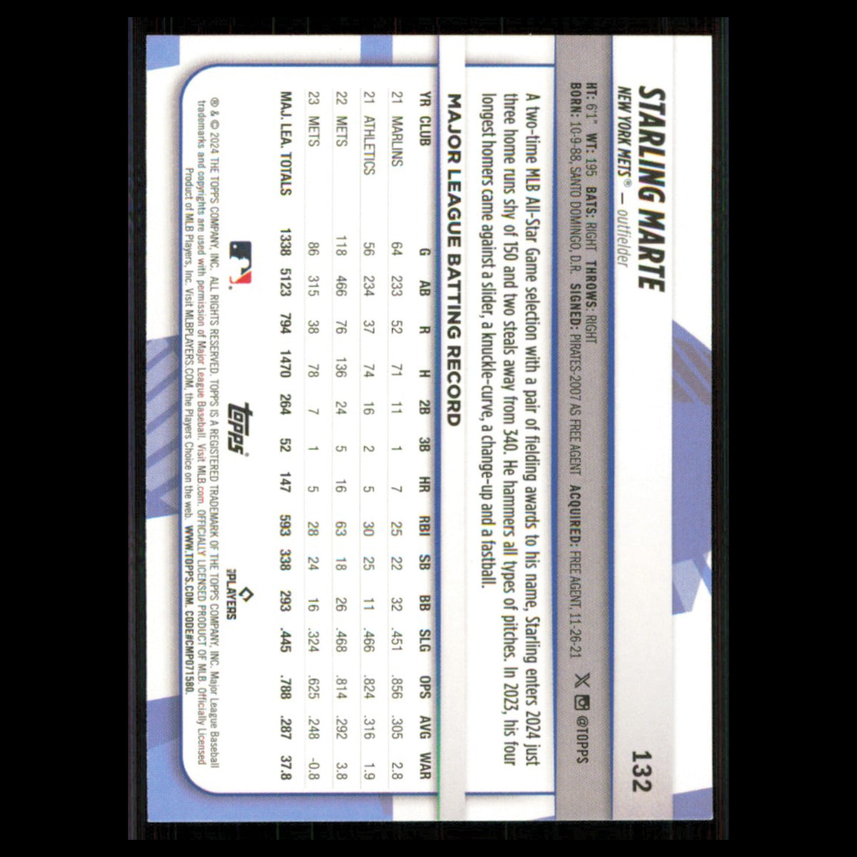 Starling Marte #132 2024 Topps Big League New York Mets Baseball Card MLB NM