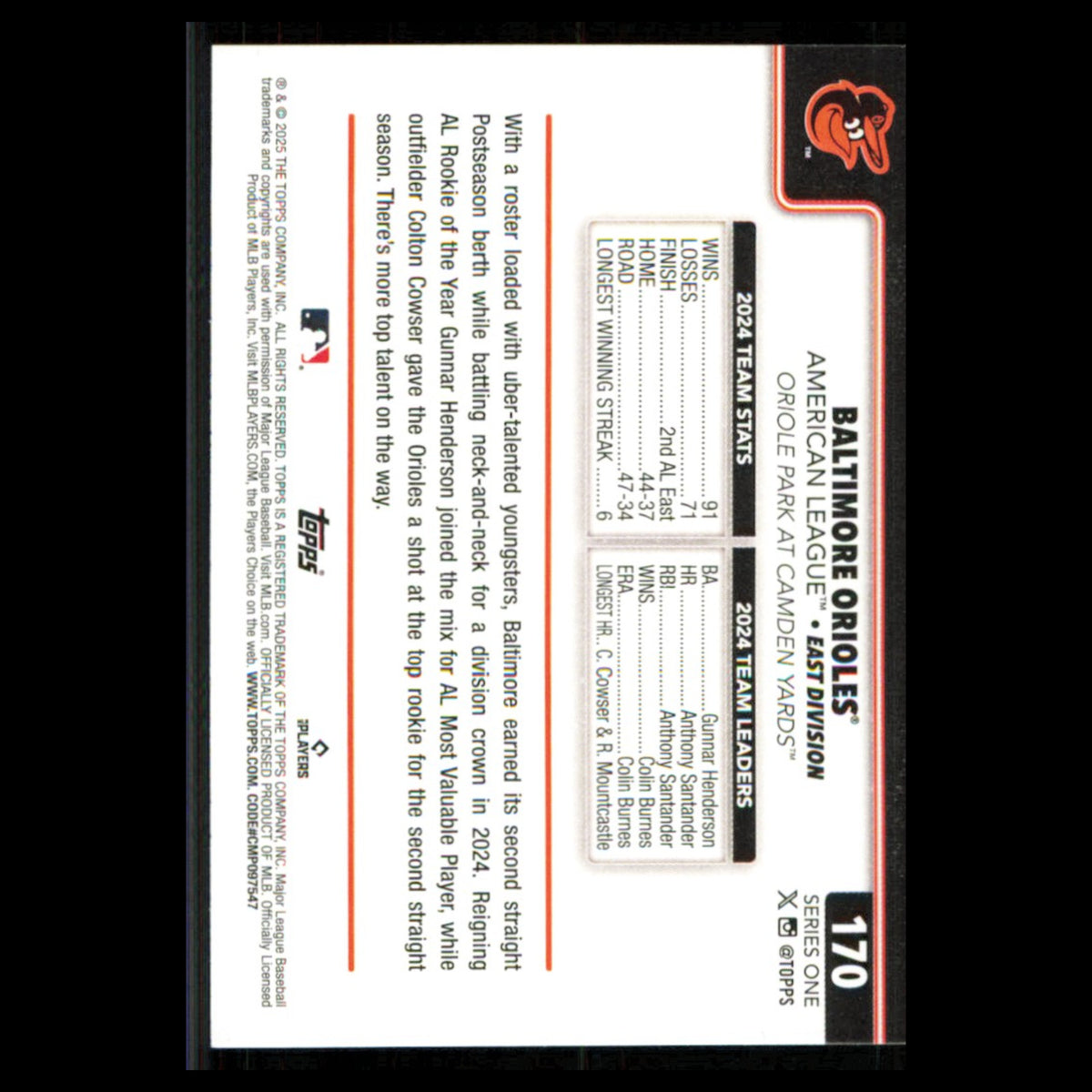 Baltimore Orioles #170 2025 Topps Baltimore Orioles Baseball Card MLB NM