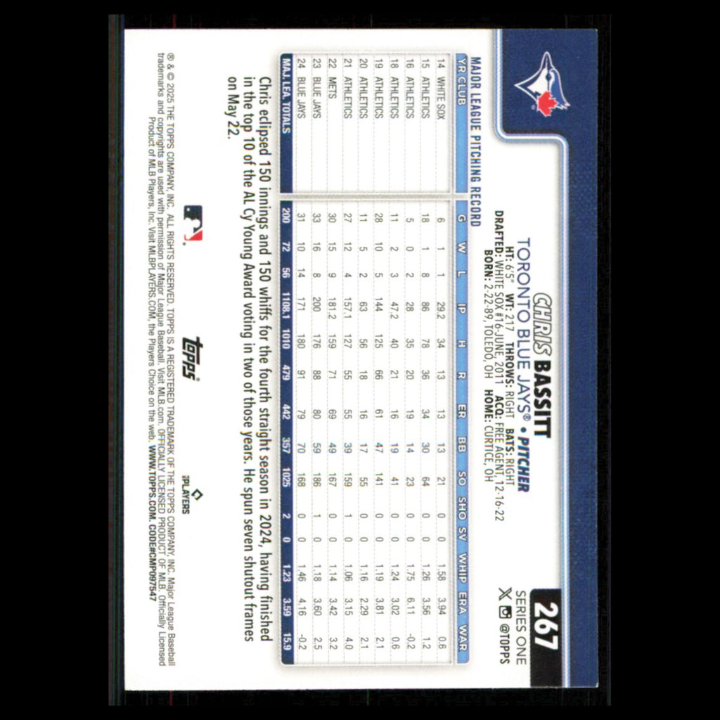 Chris Bassitt #267 2025 Topps Toronto Blue Jays Baseball Card MLB NM