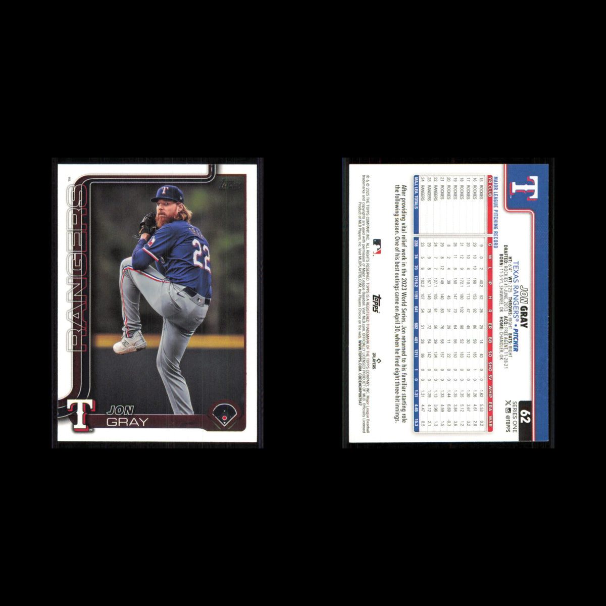 Jon Gray #62 2025 Topps Texas Rangers Baseball Card MLB NM