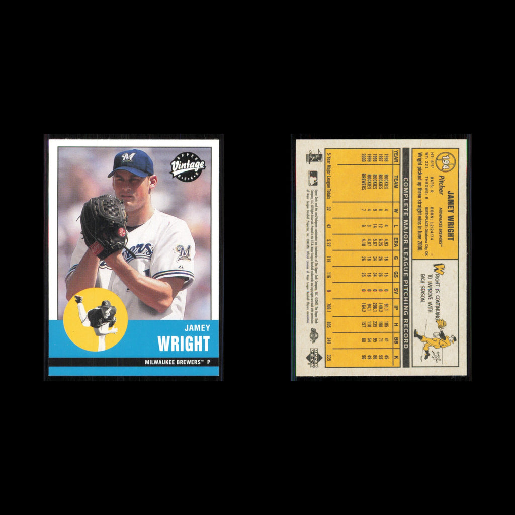 Jamey Wright #194 2001 Upper Deck Vintage Milwaukee Brewers Baseball Card MLB NM