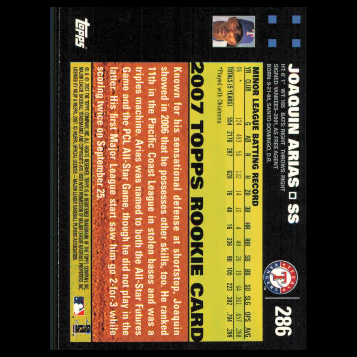 Joaquin Arias Rookie #286 2007 Topps Texas Rangers Baseball Card MLB NM