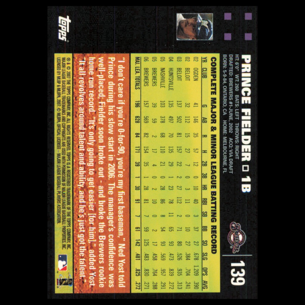 Prince Fielder #139 2007 Topps Milwaukee Brewers Baseball Card MLB NM
