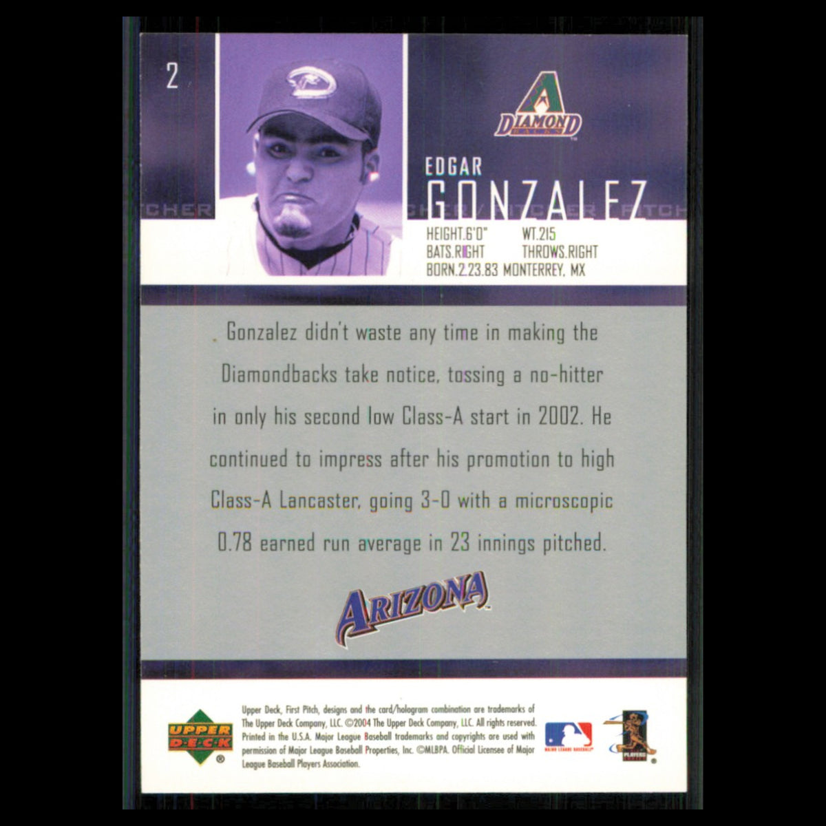 Edgar Gonzalez #2 2004 Upper Deck First Pitch Arizona Diamondbacks Baseball Card