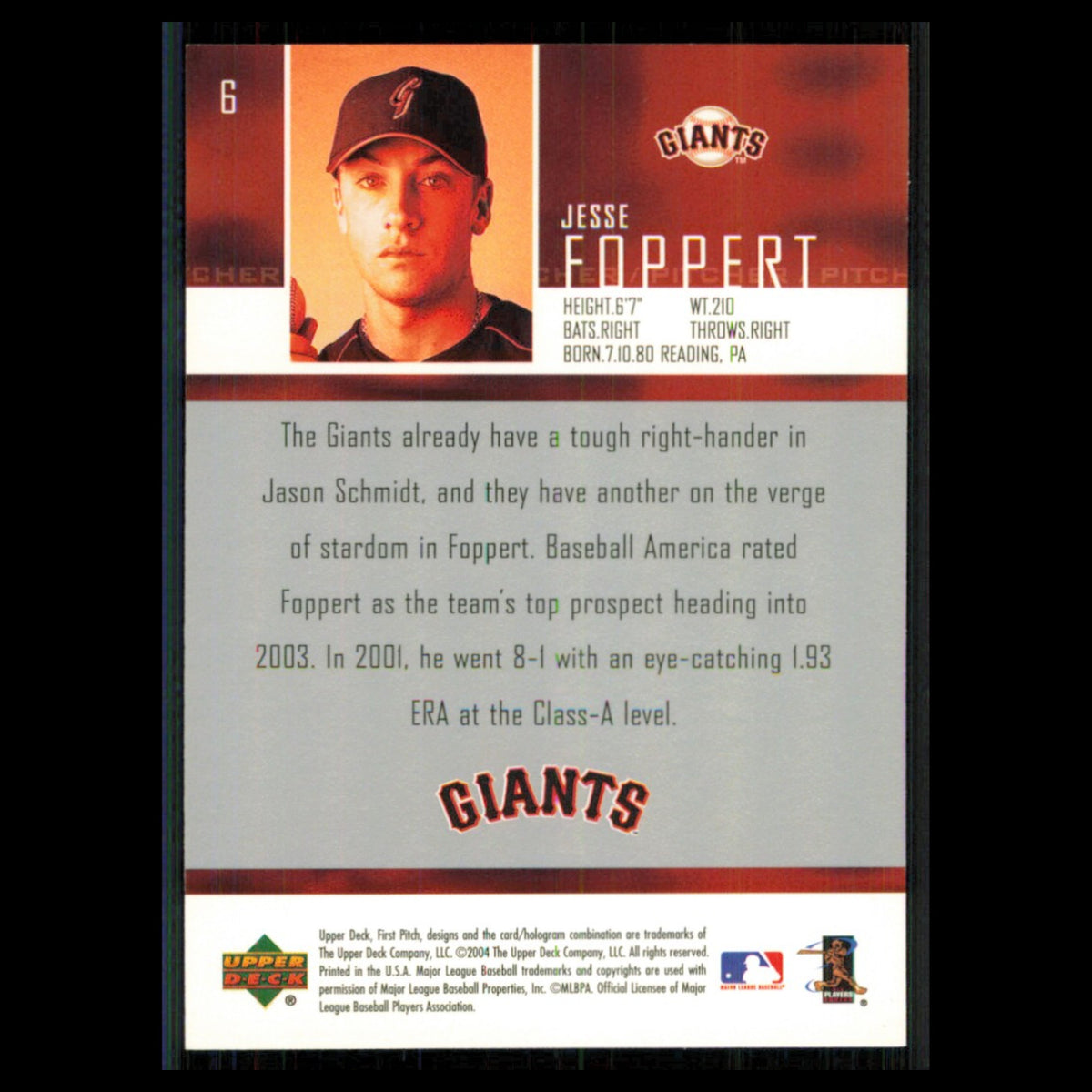 Jesse Foppert #6 2004 Upper Deck First Pitch San Francisco Giants Baseball Card