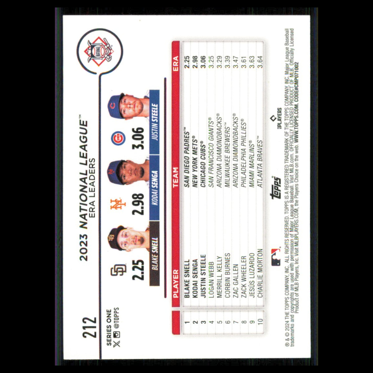Justin Steele / Blake Snell / Kodai Senga #212 2024 Topps Baseball Card MLB NM