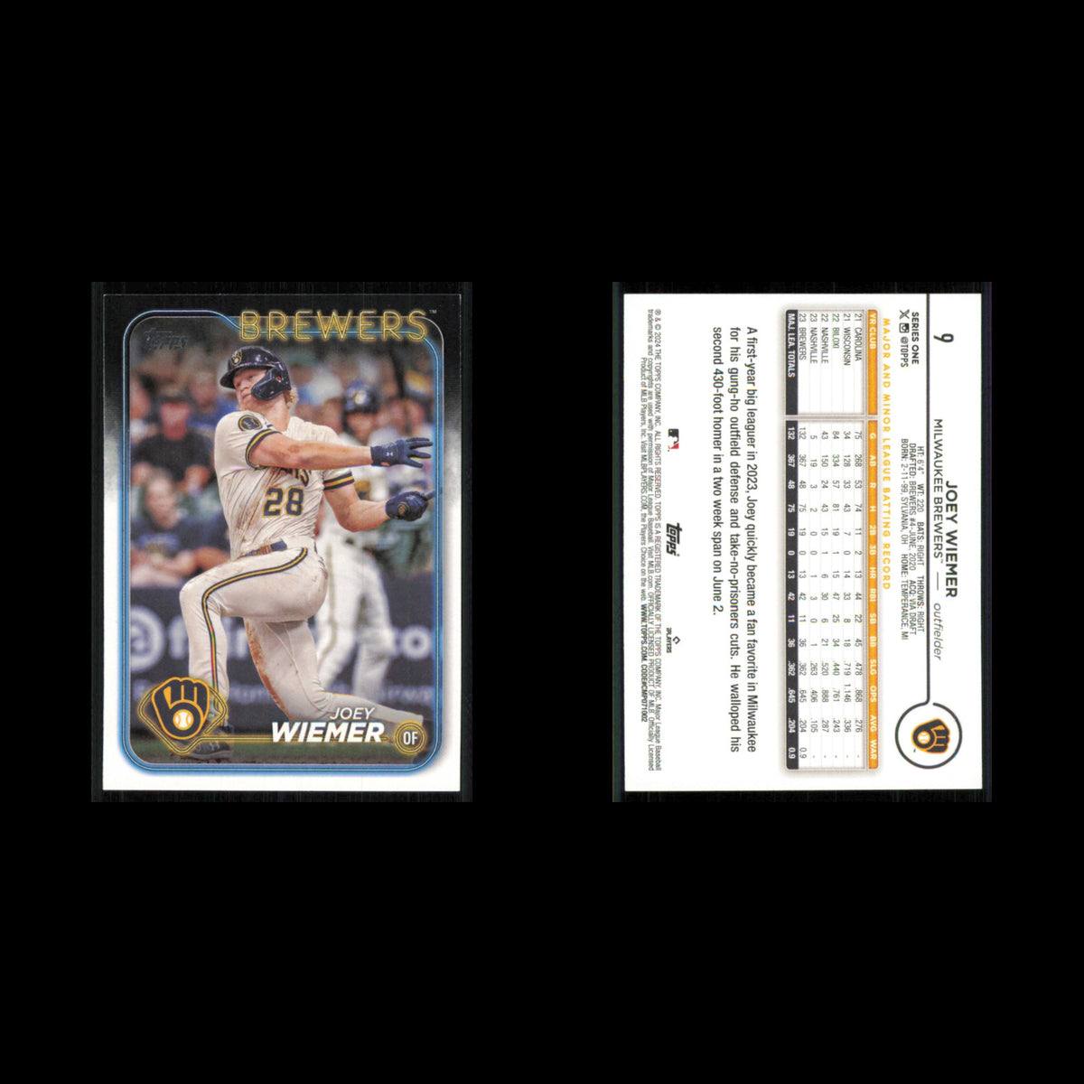 Joey Wiemer #9 2024 Topps Milwaukee Brewers Baseball Card MLB NM