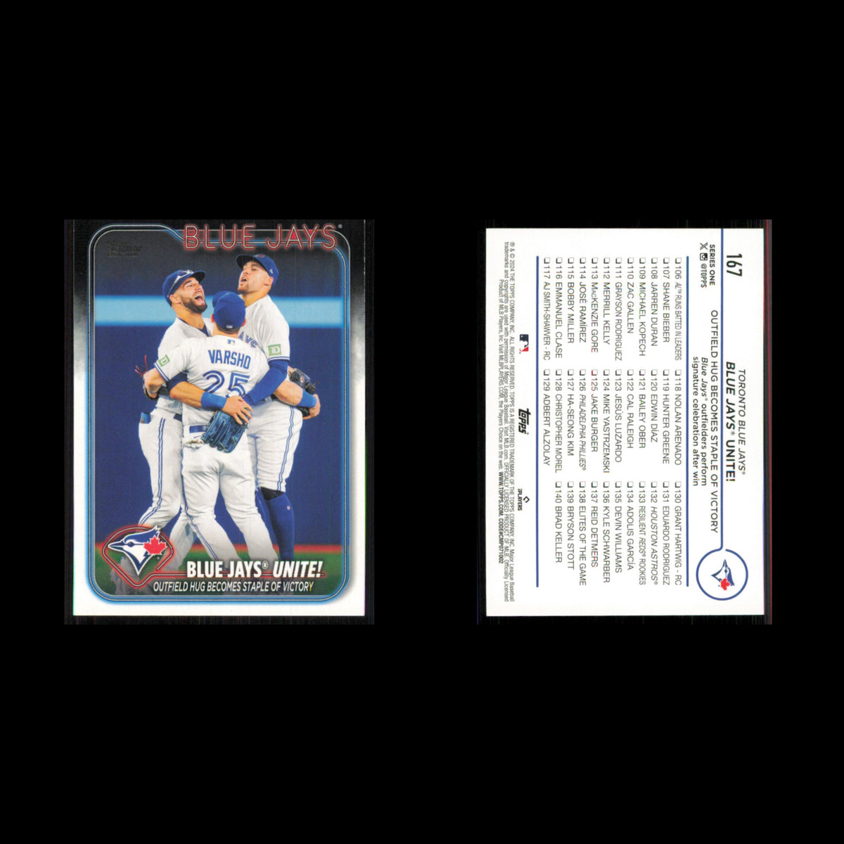 Blue Jays Unite!: Outfield Hug Becomes Staple of Victory #167 2024 Topps Card NM