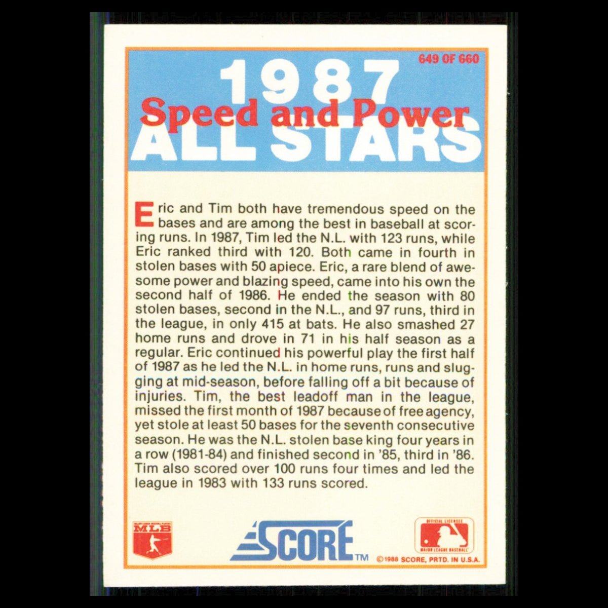 Eric Davis/Tim Raines #649 1988 Score Cincinnati Reds/Montreal Expos Baseball NM