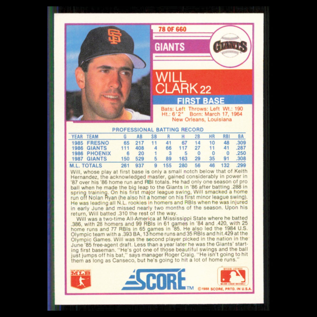Will Clark #78 1988 Score San Francisco Giants Baseball Card MLB NM