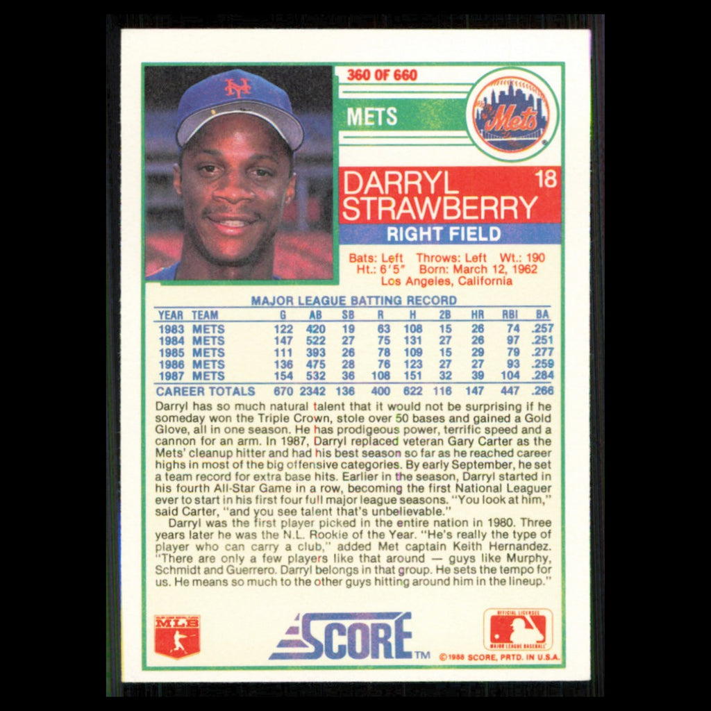 Darryl Strawberry #360 1988 Score New York Mets Baseball Card MLB NM