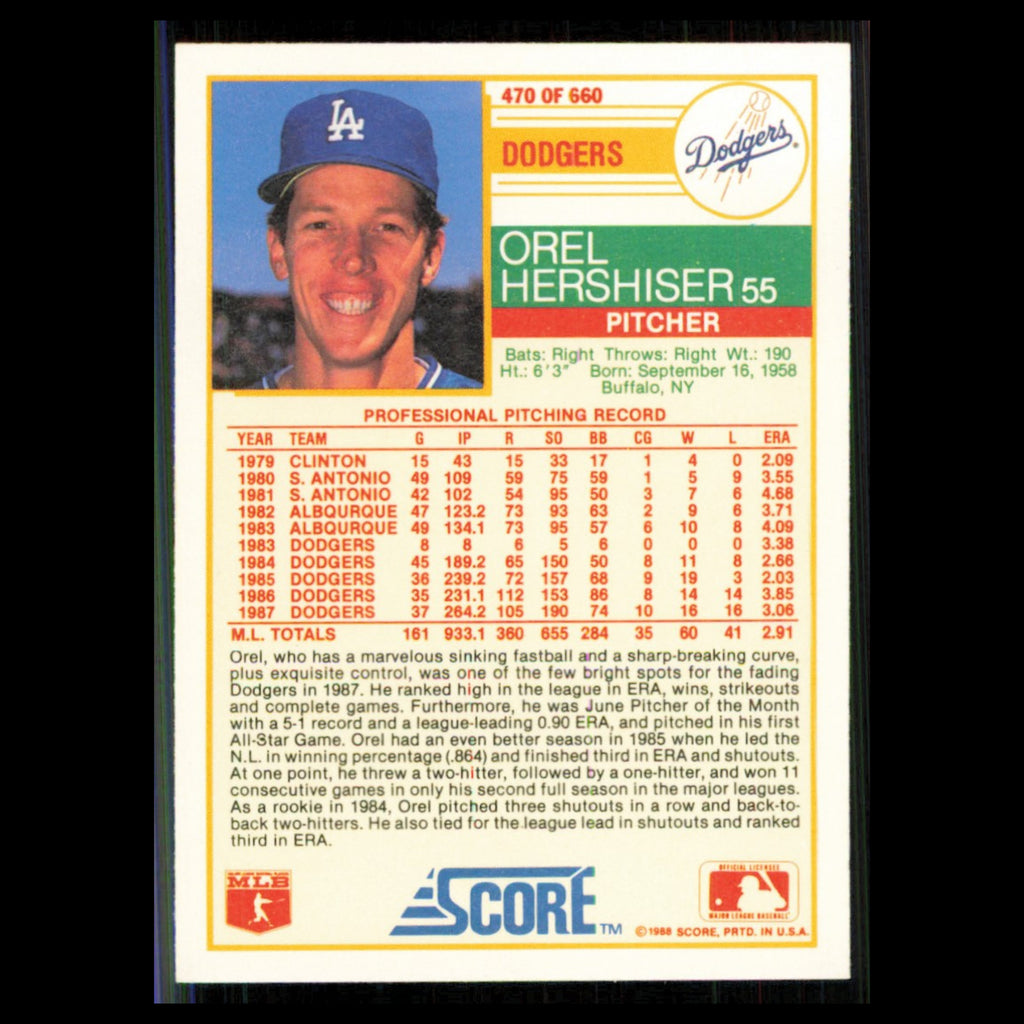 Orel Hershiser #470 1988 Score Los Angeles Dodgers Baseball Card MLB NM